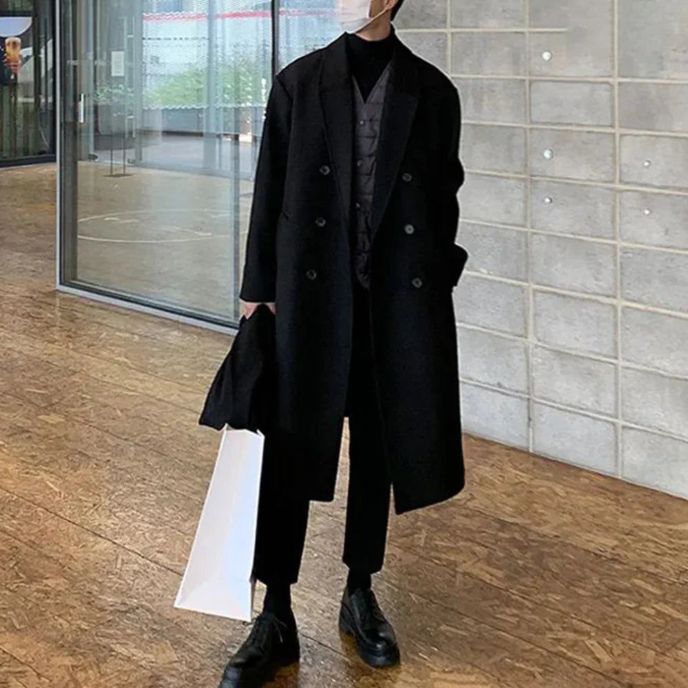 saferido Mens Double-Breasted Mid-Length Coat Autumn Winter Genderless Korean Style Fashion Commuter Thickened Elegant Retro Coat Unisex