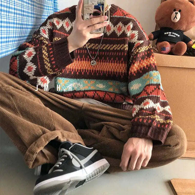 saferido Men's Knitted Vintage Graphic Sweater with Pattern Brown Blue Pullovers Sweaters and Jumpers Korean Streetwear Harajuku