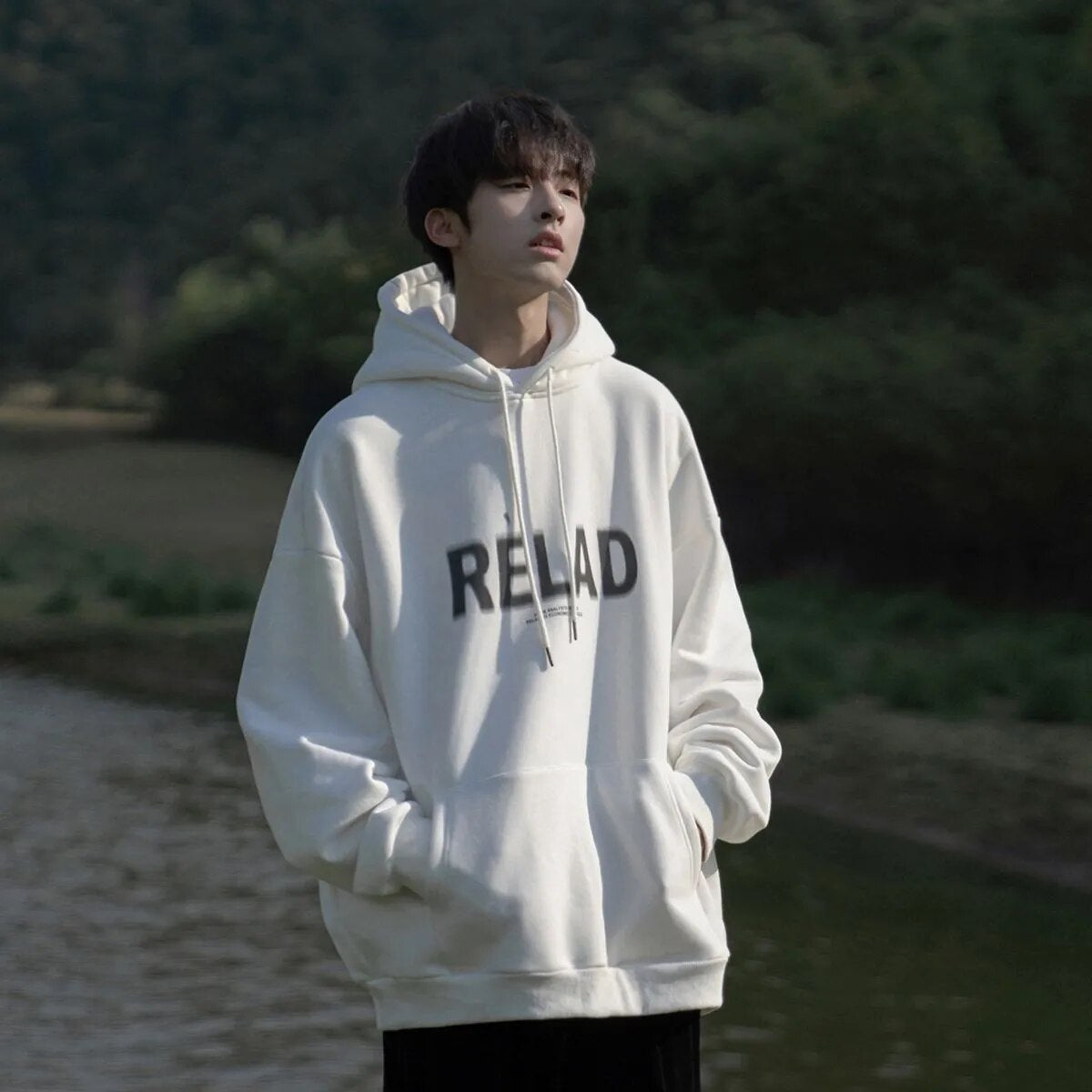 Autumn Men Fleece Hoodies Fashion New Pullovers RELAD Letter Print Hooded Sweatshirt Casual Tracksuit Loose Male Streetwear Tops