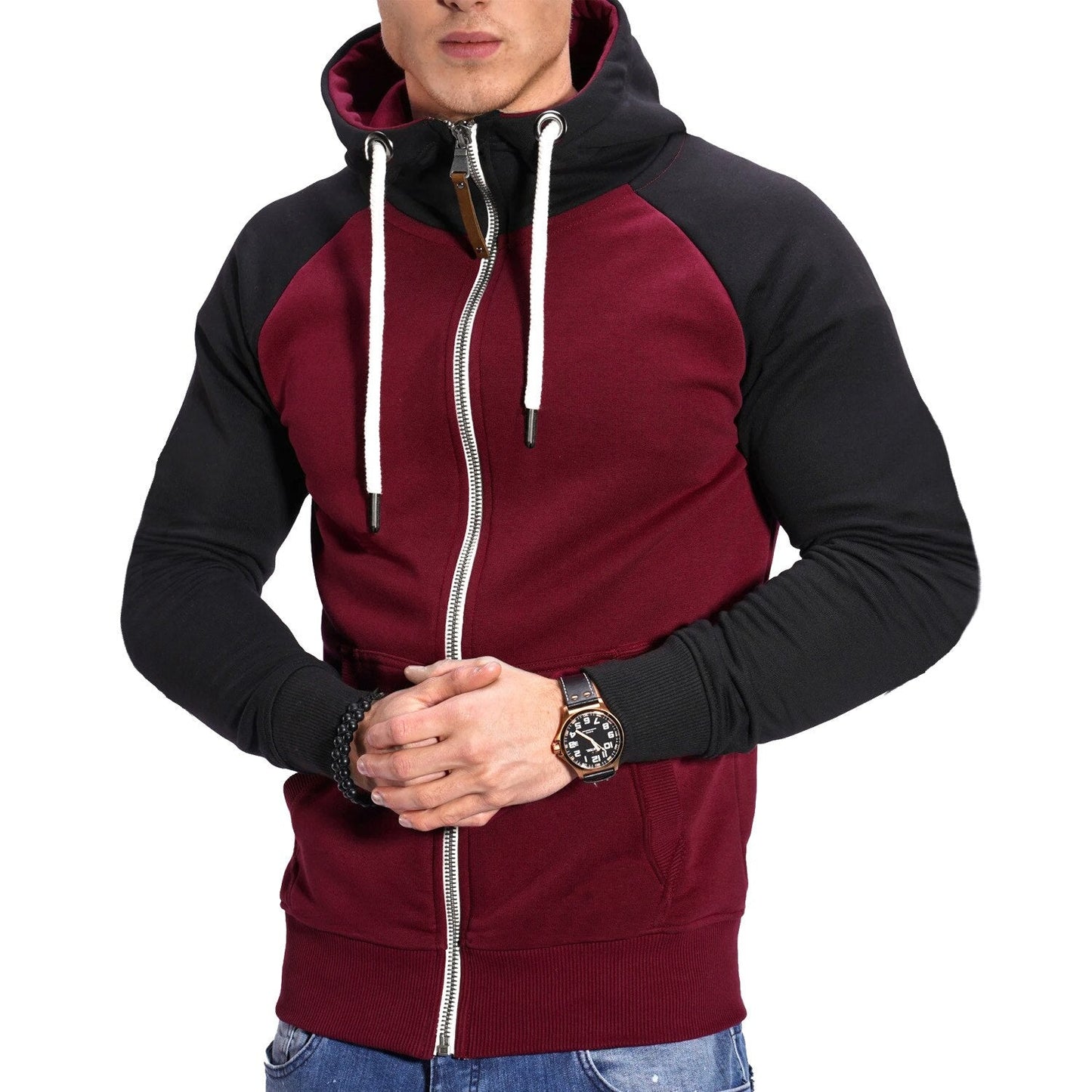Autumn and Winter Men's Color Matching Sport Plus Fleece Cardigan Hoodie Casual Fashion European Code with Rotator Sleeve Coat