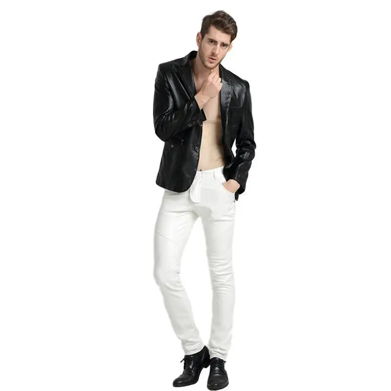 saferido new autumn Korean style multi-color handsome motorcycle pants casual trendy men's pants PU leather pants men's slim fit