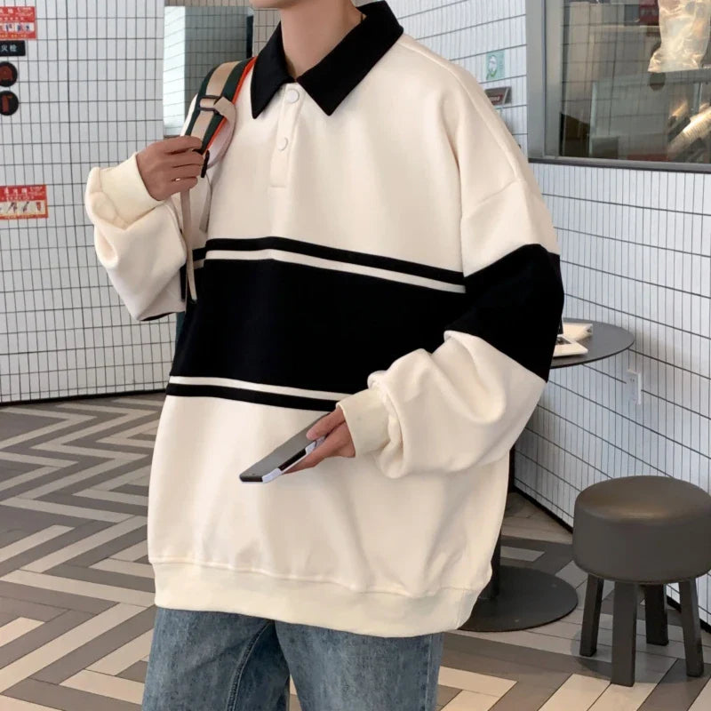 Contrast Color Sweatshirts Men All-match Loose Striped Fashion Turn-down Collar Comfortable Warm Daily Streetwear Chic Leisure