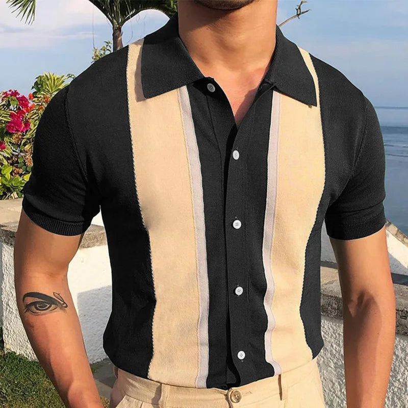 Men's Summer Casual Stripe Shirts Knitted Vintage British Breathable Patchwork Short Sleeve Jacquard Business Polo Shirt