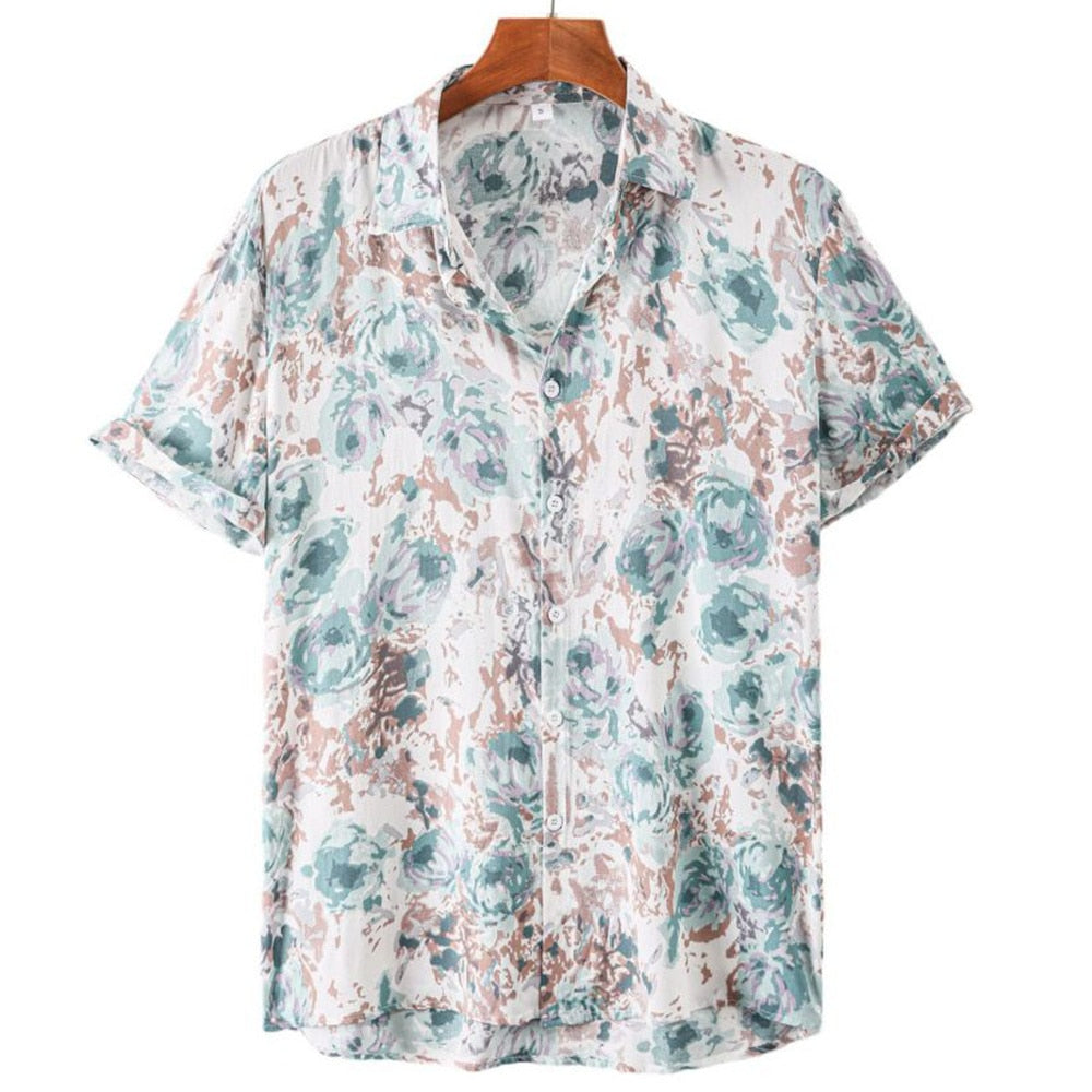 Summer Men's Clothing Plant Stripe Printing Casual Fashion Seaside Holiday Loose Short Sleeve Tops Mens Hawaii Shirts For Men