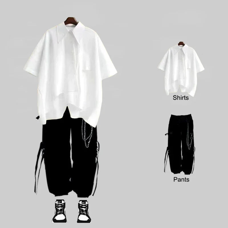 saferido New Men Streetwear Two-piece Suit Splice Chain Long Sleeve+Ribbon Chain Pants Harajuku Cargo Pants 2 Piece Sets Mens Outfits