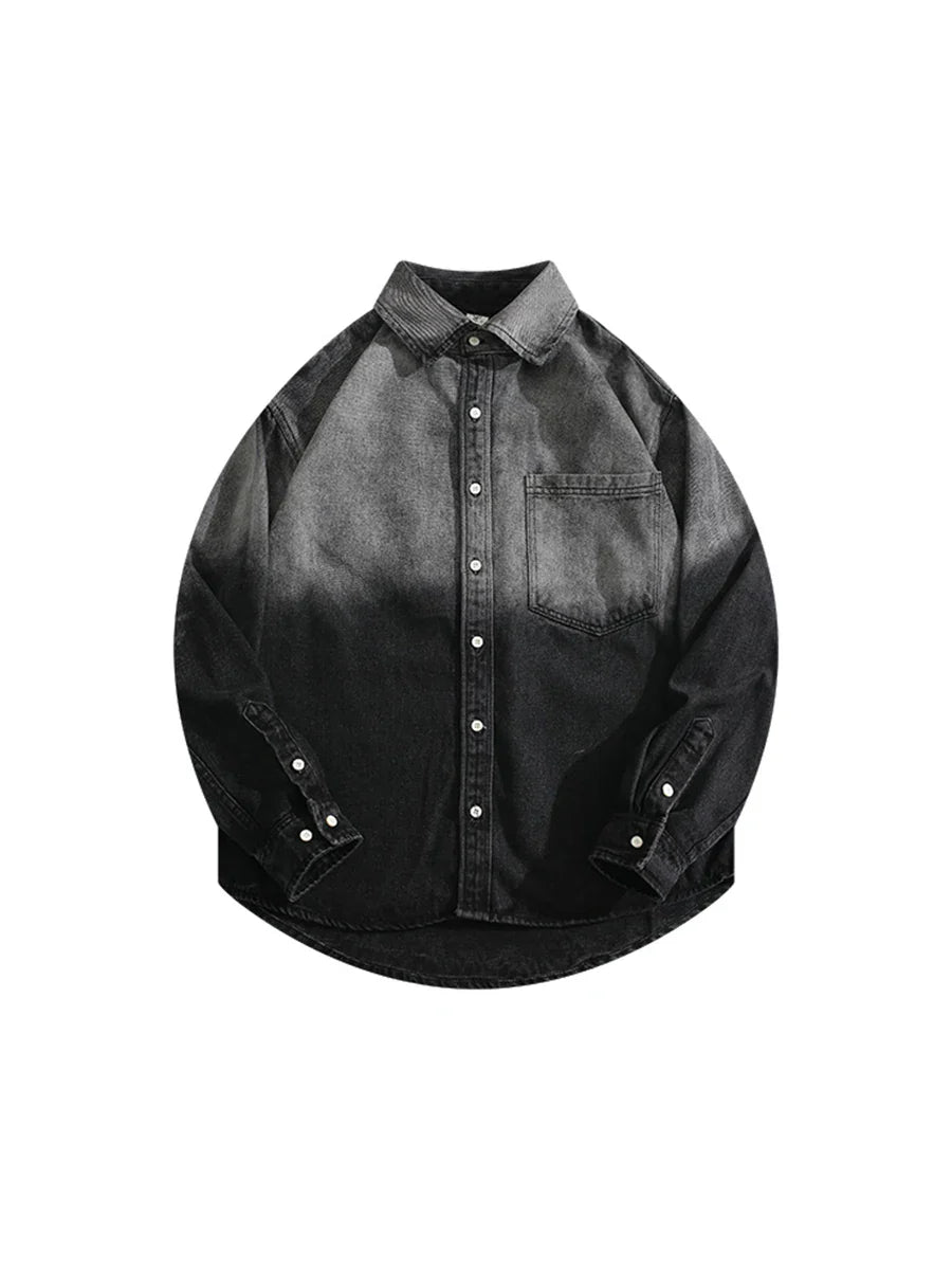 Men's Lapel Handsome Black Grey Gradient Denim Shirt Jacket Spring Autumn Trendy Street Casual Versatile Single-breasted Shirts