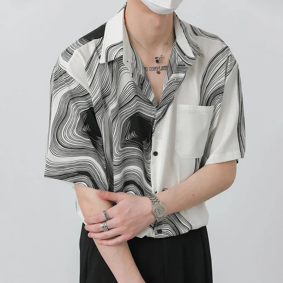 New Summer Design Irregular Silky Drape No-iron Lapel Shirt for Men Korean Fashion Texture Pattern Short Sleeve Men Shirts