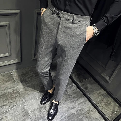 saferido Men Slim British Style Suits Pants Business Casual Trousers Male Solid Fit Trousers High Quality Man Formal Wear Plaid 36 38