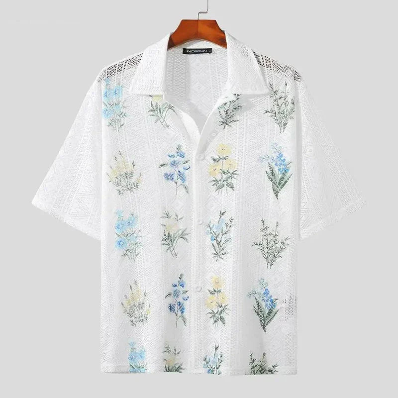Stylish Casual Style Tops Men's See-through Tracery Printing Pattern Blouse Male Hot Selling Short Sleeved Shirts S-5XL