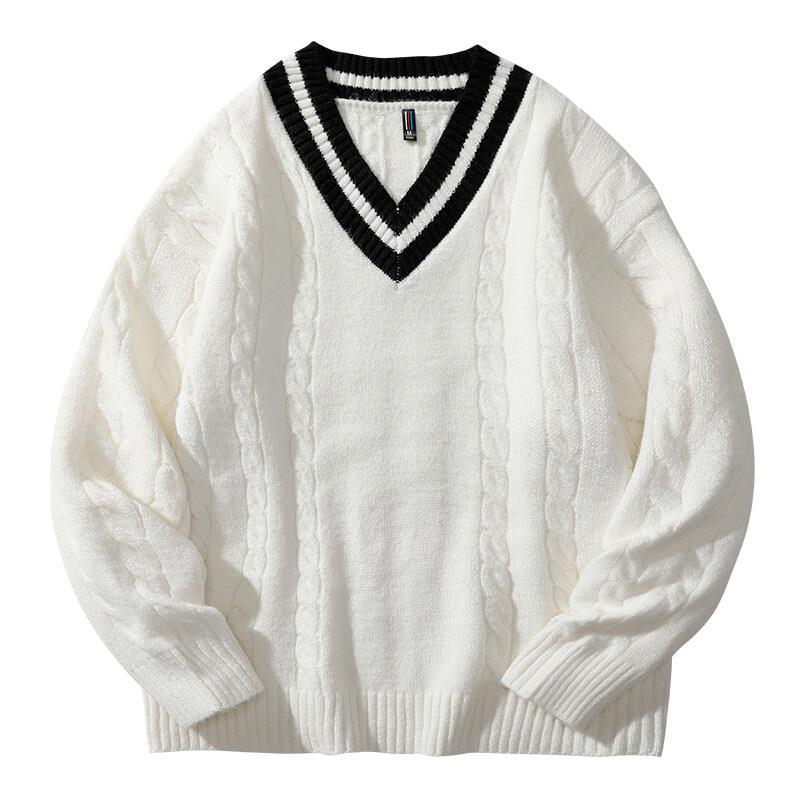 Mens Winter Knitted Sweaters Oversized Male Black Pullover V Neck Jumpers Men's Vintage Striped Knitwear Men Clothing