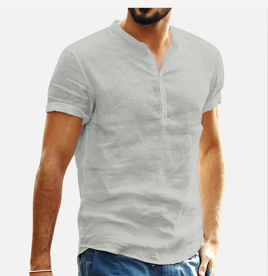Men's Standing Collar Cotton Linen Short Sleeved Shirt Men's Designer Clothes Popular Tops for Men