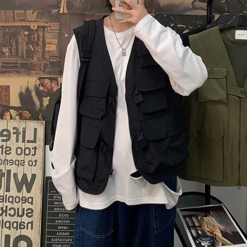 saferido Mens Vest Jacket Summer Thin Hip Hop Cargo Vest Design Tooling Pocket Vest Fashion Outwear Clothes Harajuku