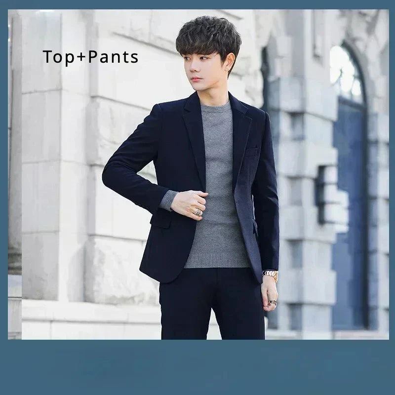 S-6XL Men's Business Casual Suit Korean Style Trendy Slim Fit 2 Piece Set Solid Color (Blazer+ Pants )Groom Wedding Dress Party