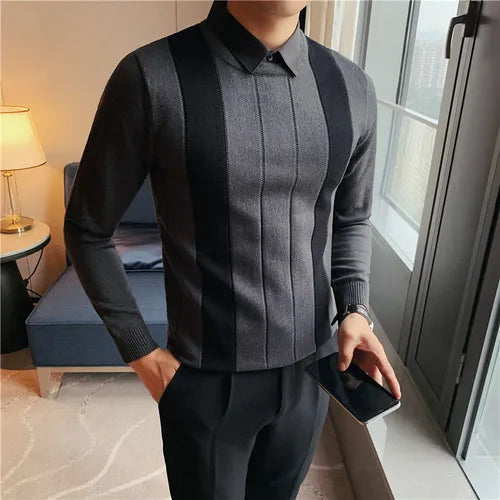 saferido Korean Style Men Keep Warm In Autumn Fake 2 Pieces Shirt Collar Knit Sweaters/Male Slim Fit Stripe Fashion Casual Knit Pullover