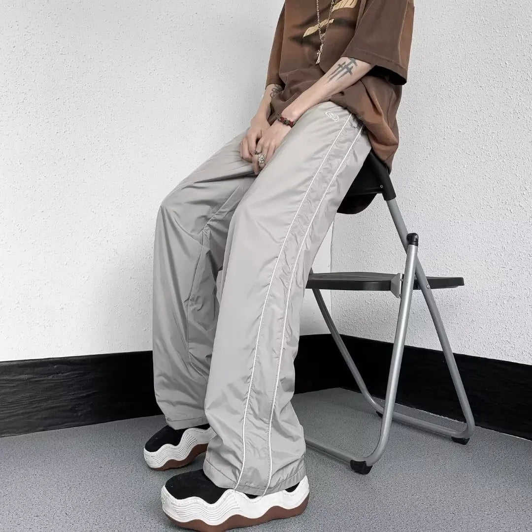 saferido KPOP Fashion Style Harajuku Slim Fit Sweat Pants Loose All Match Casual Pants Stripe Pockets Straight Cylinder Wide Leg Pants