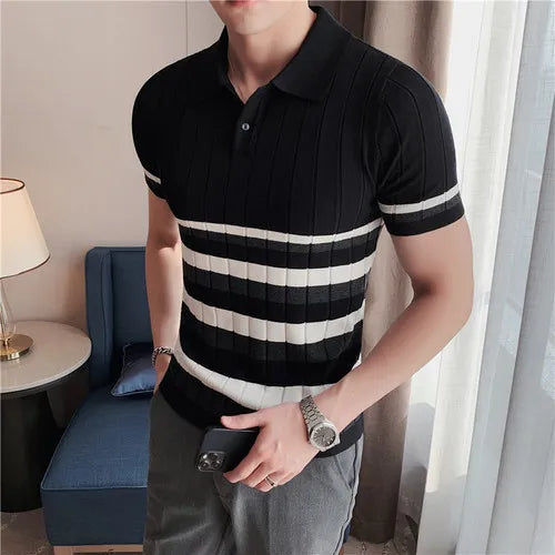 saferido British Style Men's Fashion Lce Silk Stripe Knitting POLO Shirts/Male Slim Fit Short Sleeve Leisure POLO Shirts S-3XL