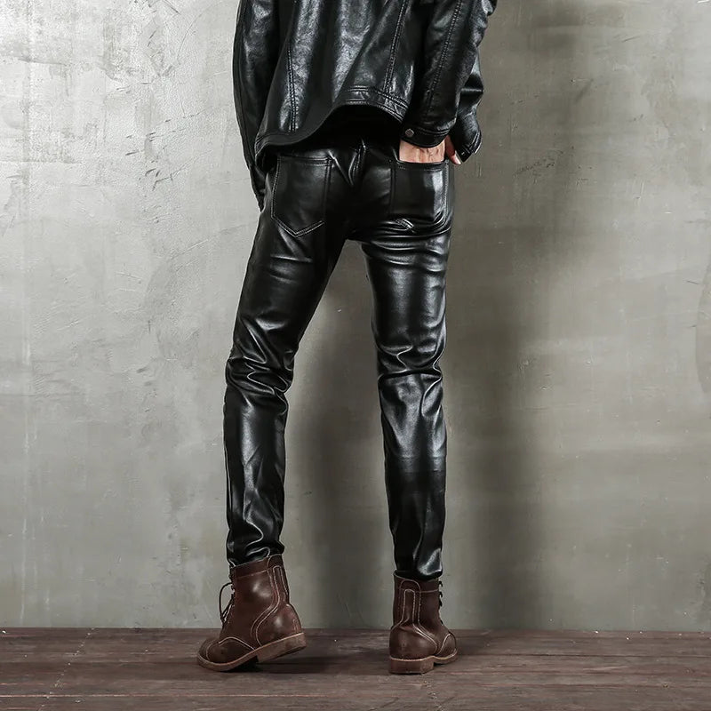 saferido Men's Black Leather Pants Slim Fit Stretch Personality Simple Thin Punk Style PU Leather Men's Pants Motorcycle Dance Party
