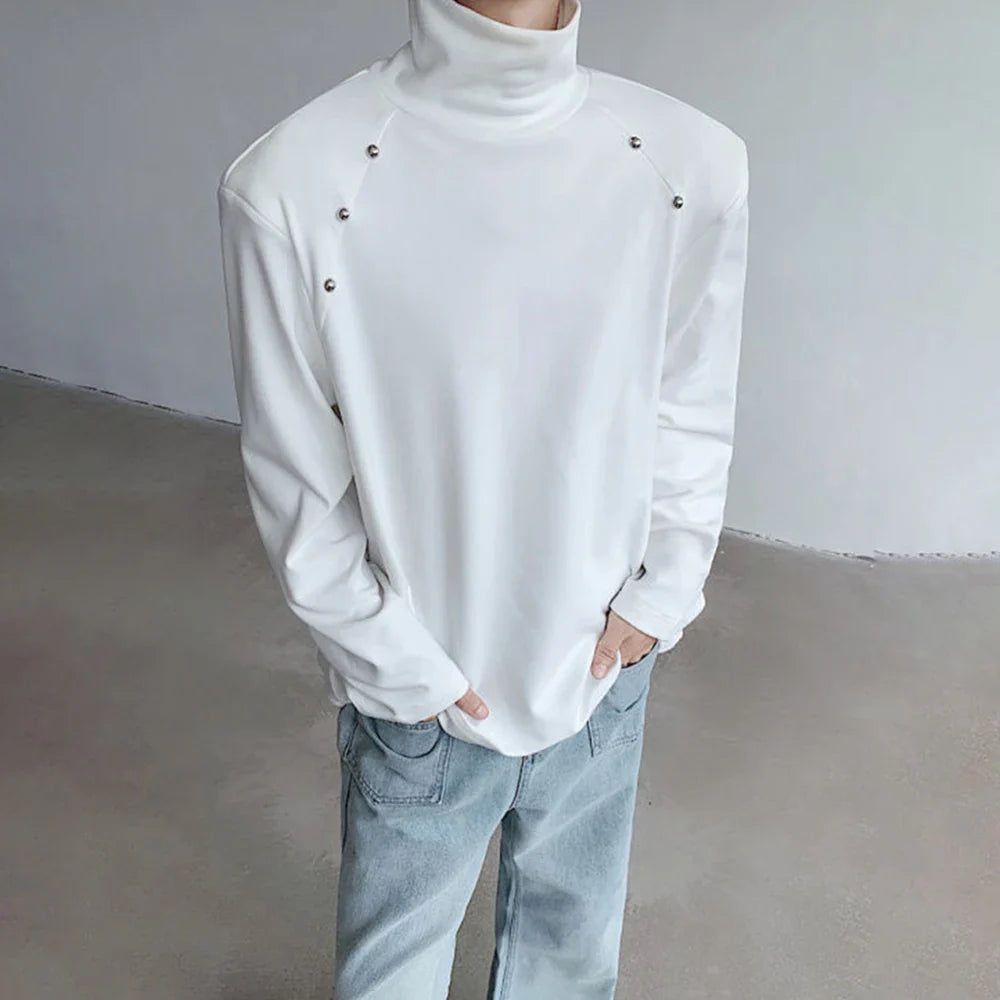 saferido Rivet High Collar White Y2k Long-Sleeved T-Shirt Mens Spring And Autumn Street Fashion Casual Inner Bottoming Shirt Pullover Top