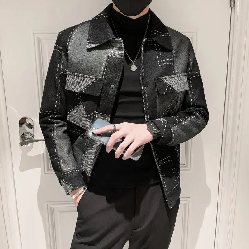 saferido Spring Autumn Men Plaid Jackets Street Casual Slim Fit Cotton Jacket Navy Blue Fashion Men Cowboy Coat Plus Size S-3XL