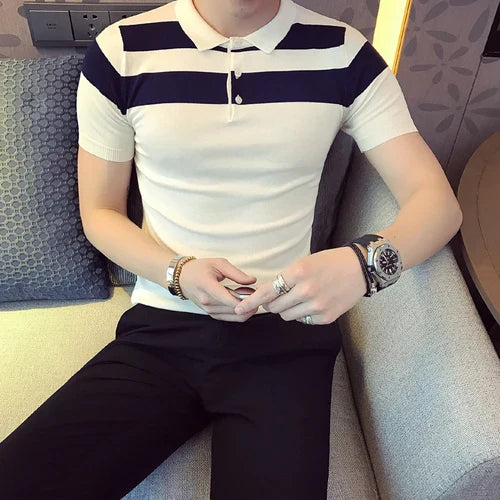 saferido Social Knitting Slim Polo British Style Stripes POLO Shirt Men Summer Short Sleeve Men's POLO Slim Fit Casual Polo Homme