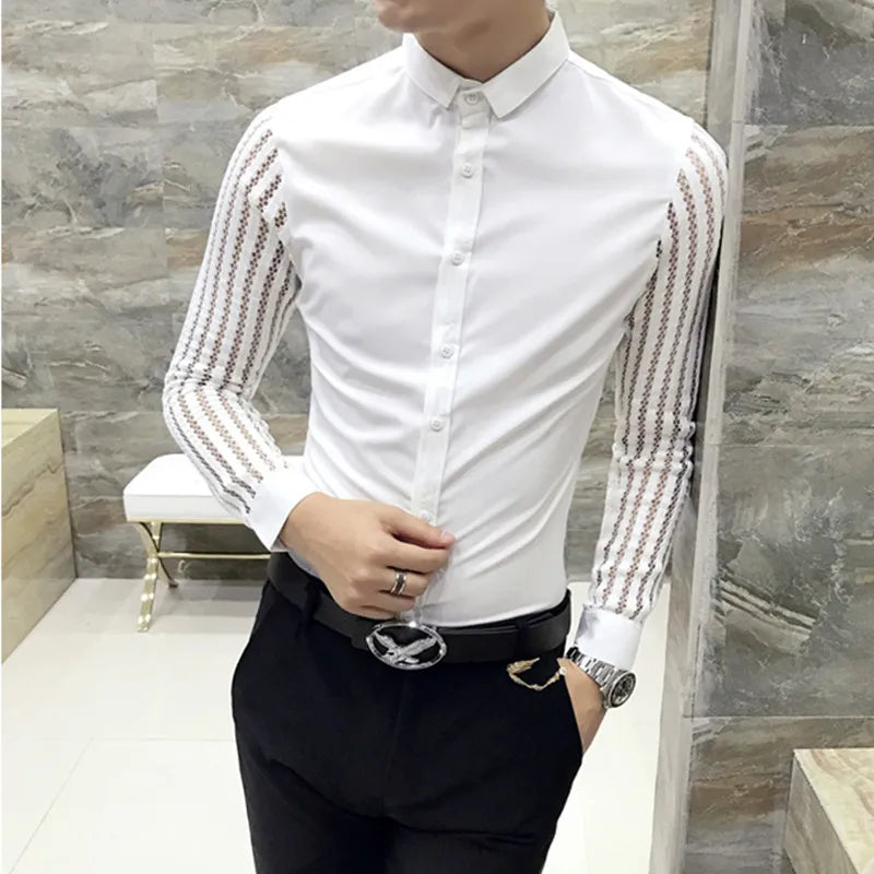saferido Male Spring Hollow Out Shirt with Long Sleeves/Men's Slim Fit Lapel Business Shirt Brand Clothing Leisure Tops S-3XL