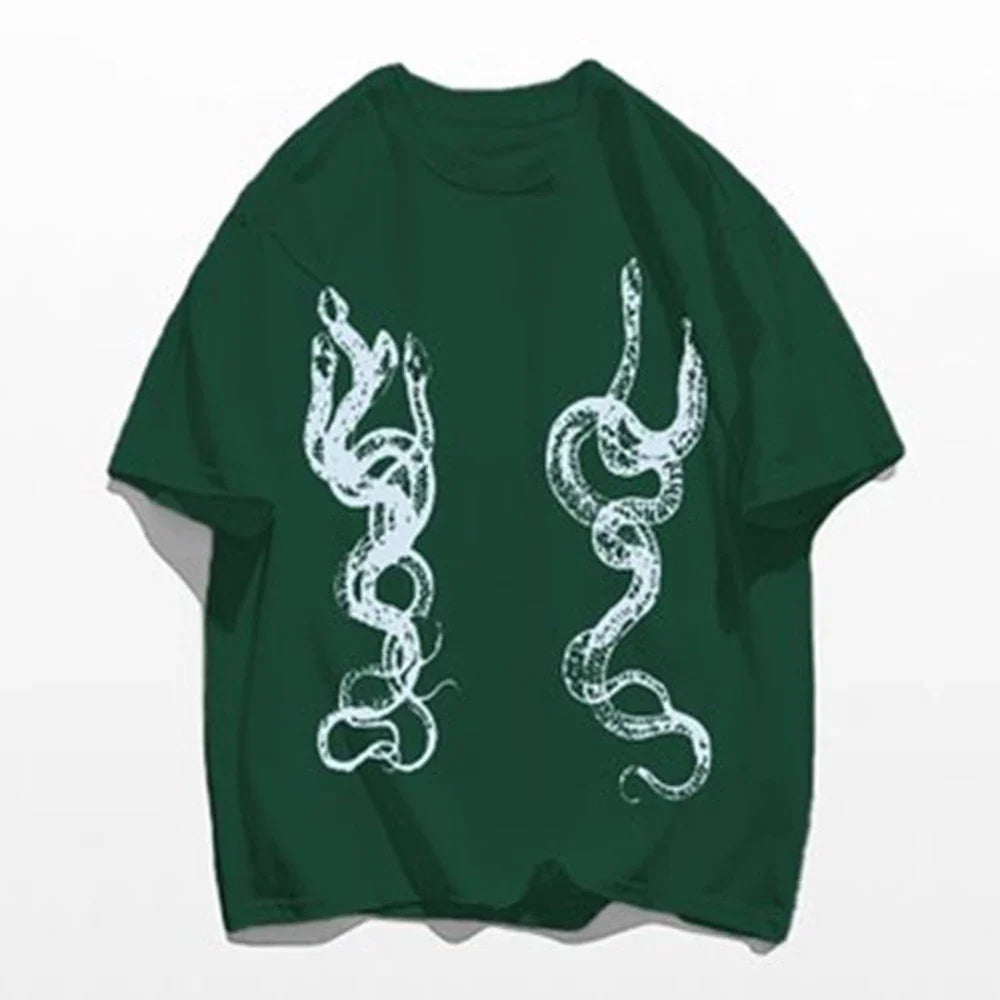 saferido Men's Casual T-Shirt Fashionable Trendy Hip-Hop High Street Y2k Retro Snake Pattern Loose Cotton Top 2024 Spring And Summer