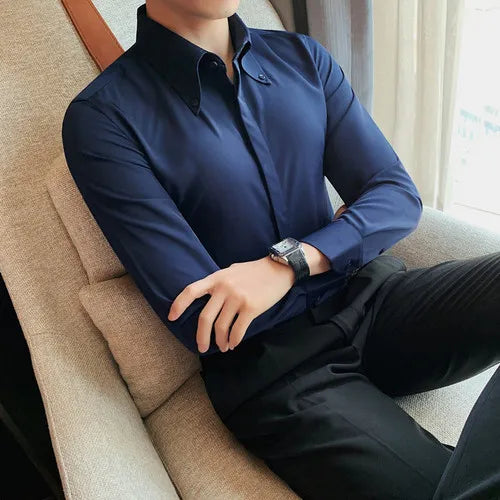 saferido Top Quality Men Spring High Quality Business Office Dress Long-Sleeved Shirts/Male Slim Fit Solid Color Lapel Shirt S-3XL