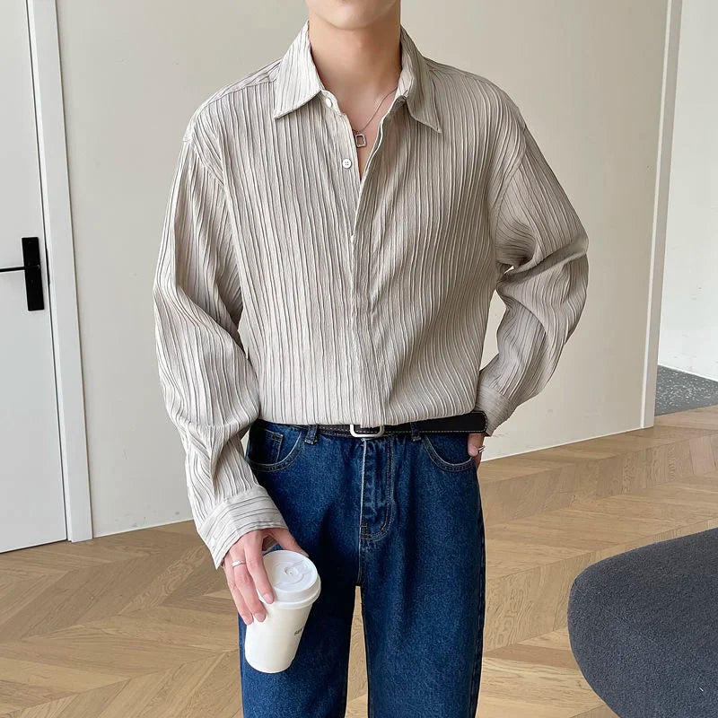 Autumn Long Sleeve Shirts Men Slim Fashion Social Mens Dress Shirts Korean Loose Casual Pleated Shirts Mens Formal Shirts M-2XL