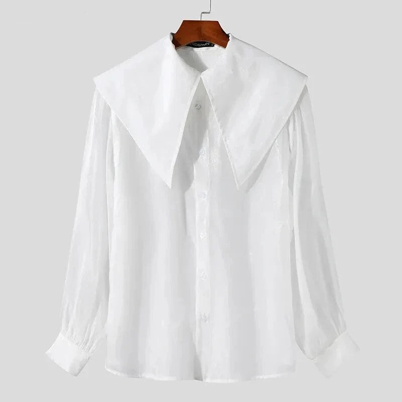 Tops Palace Style Men's See-through Organza Thin Shirts Casual Fashion Male Long Sleeved Large Lapel Blouse S-5XL