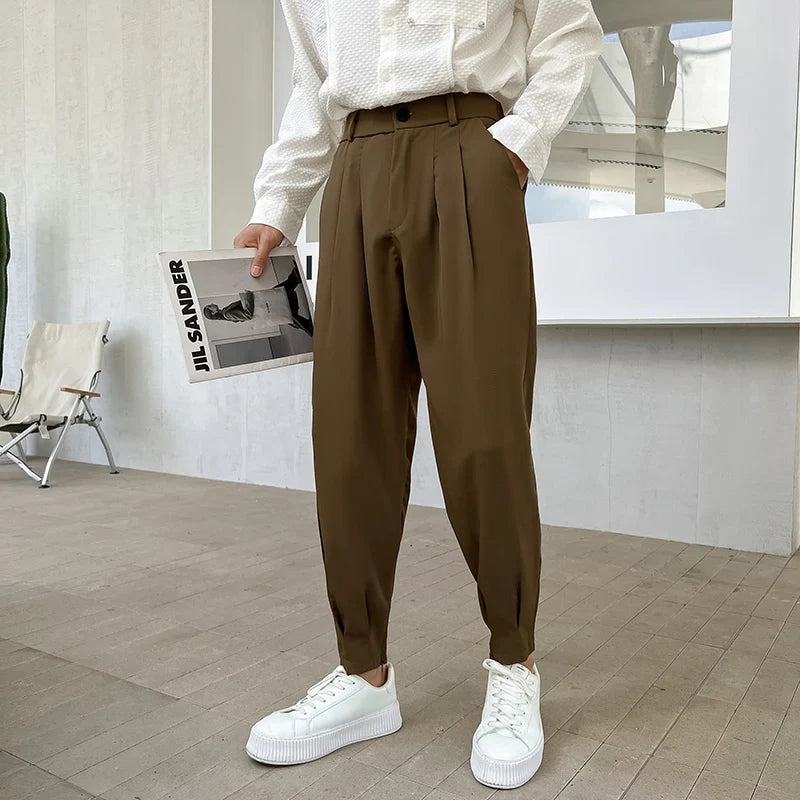 New Fashion Spring Summer Pants Men Tapered Bottom Slit Trousers Korean Style White Khaki Black Elastic Waist Casual Pants Man