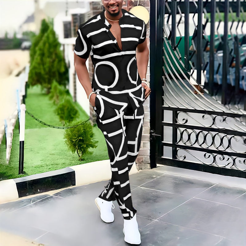 Spring Summer Men's Casual Two Piece Sets Short Sleeve Tops And Long Pants Suit Fashion Pattern Print Outfit Men Streetwear
