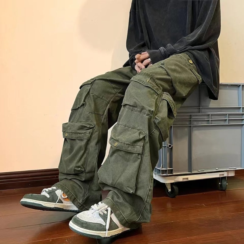 Y2k Hip-hop Cargo Pants Multi-pockets Tooling Pant Harajuku Men's Vintage Loose Wide Leg Pants Streetwear Casual Trousers