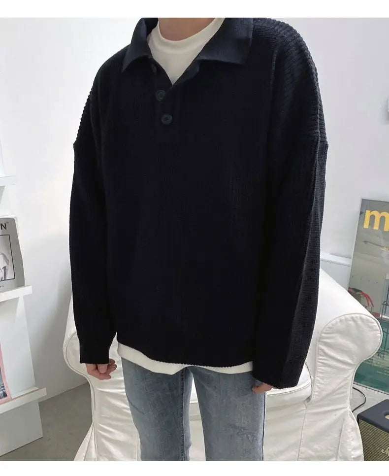 saferido Spring Autumn Fashion Men's Cool Boys Casual Loose Lapel Tess Knitted Pullover Polot Hoodie Sweater Soft Buckle Warm