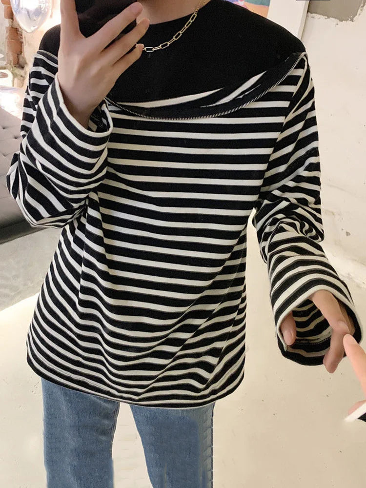 saferido Wide Streetwear Open Shoulder Zipper Fake Two Pieces Stripe Long Sleeve Top Men's Loose Long Sleeved T-shirt Spring