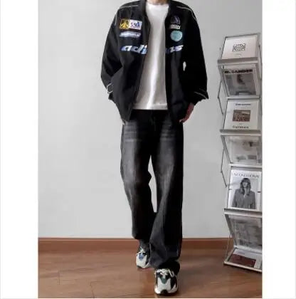 saferido Men's Korean Fashion Trend Streetwear Jeans High Street Blue/Black Denim Trousers Baggy Straight Casual Pants M-5XL