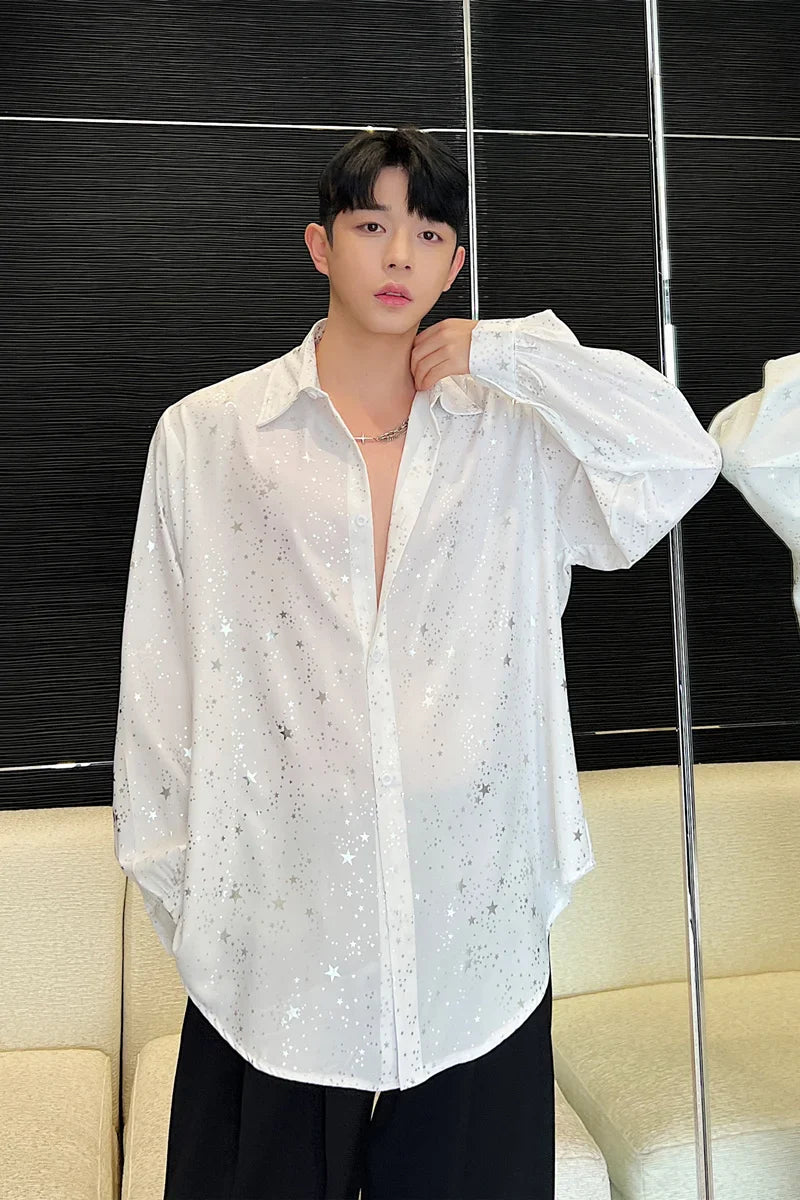 saferido Spring New Male Casual Chiffon Shirts Men's Lapel Niche Desgin Shirt Long Sleeve Shirt Male Stage Show Dress Shirt