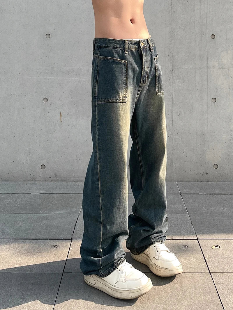 Jeans Men Loose Summer American Style Trendy All-match Solid Color Casual Denim Trousers Oversize Retro Vintage Clothing Cozy