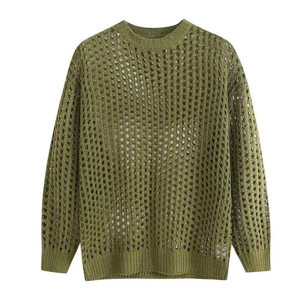 Mens Y2k Hollow Out Outfits See-Through Knit Shirts New Summer Fashion All-Match Casual Geometric Vintage Loose Smock Tops