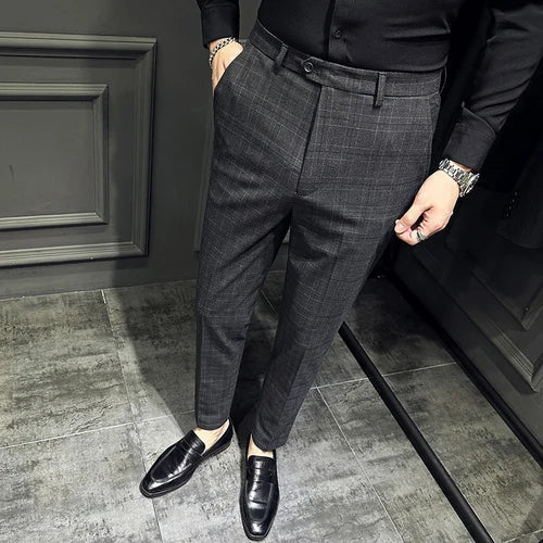 saferido Men Slim British Style Suits Pants Business Casual Trousers Male Solid Fit Trousers High Quality Man Formal Wear Plaid 36 38