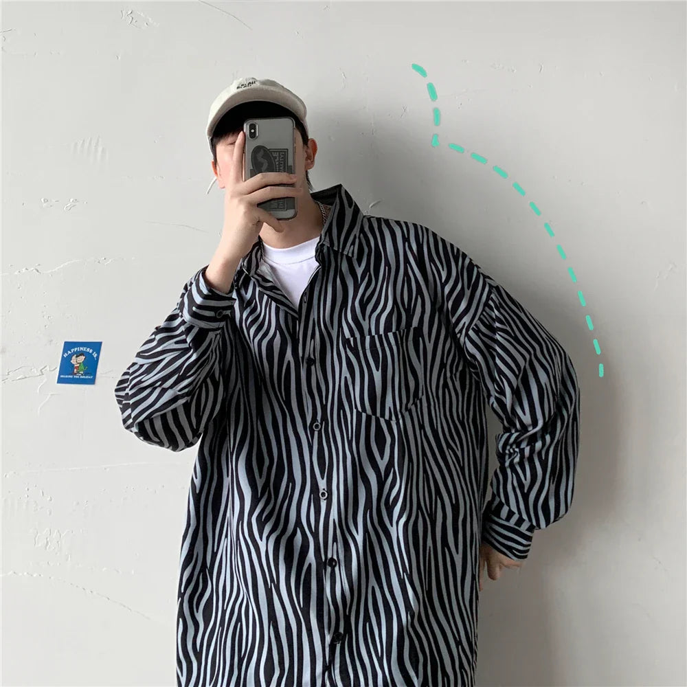saferido Men's Classic Black and White Striped Shirt Japanese Loose Casual Large Size Couple's Model Lapel Tops Street Trendy Clothing