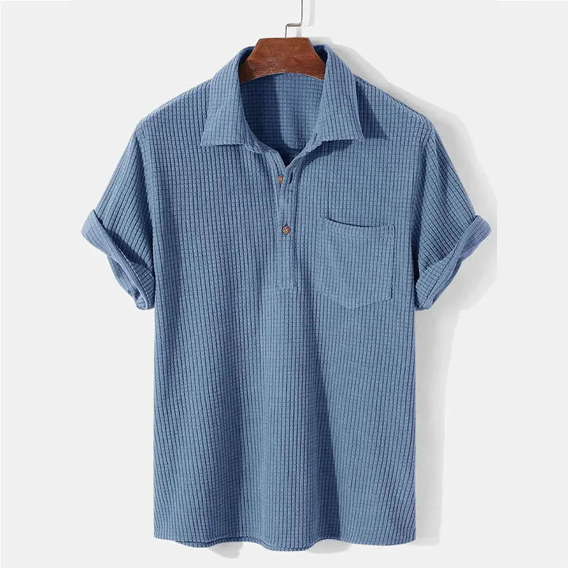Summer Mens Casual Plaid Polo Shirts Top Turn-Down Collar Button Blouse Short Sleeve Solid Pocket Blouse Shirt Men Clothing