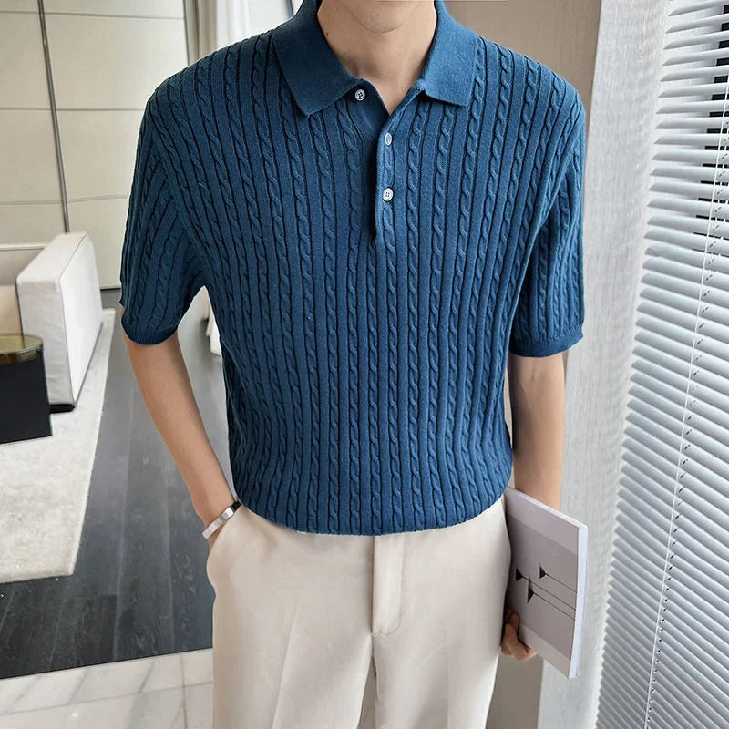 saferido Summer Men's Half Sleeve Knitted T-shirt Polo Lapel Collar Top Slim Fit Tshirts British Style Clothes Solid Color T Shirts