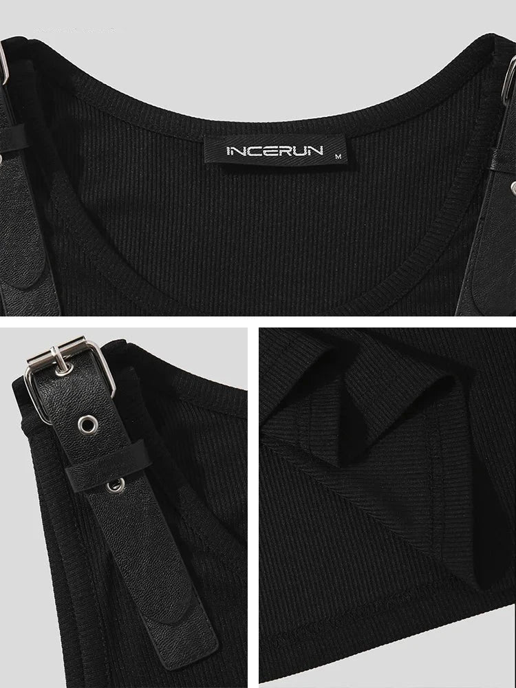Men Tank Tops Solid Color PU Leather Button Sleeveless Streetwear O-neck Vests Summer Fashion Men Clothing S-5XL 7