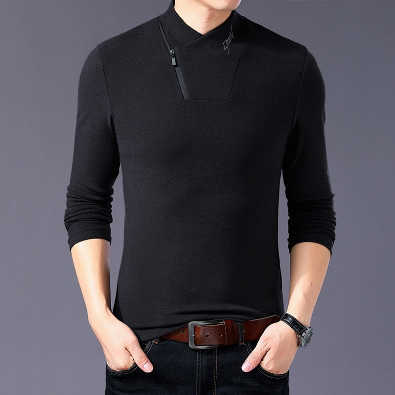 Brand New Style Cotton Men's T-shirt Long Sleeve T Shirt Men Solid Color Zipper Print Collar Oversized T Shirt