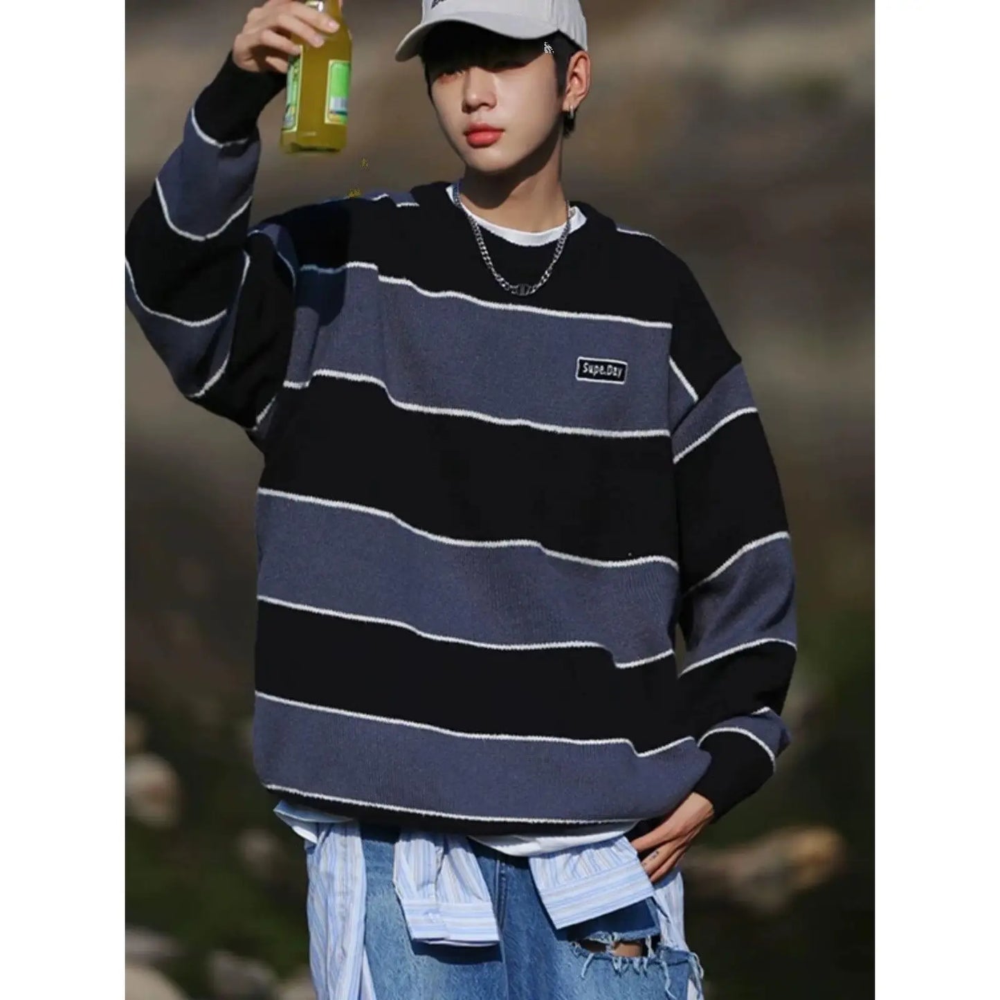 saferido Hip Hop Korean Stripe Contrast Color Autumn and Winter New Fashion Sweater Men's Loose Relaxed Student Round Neck Lazy Style
