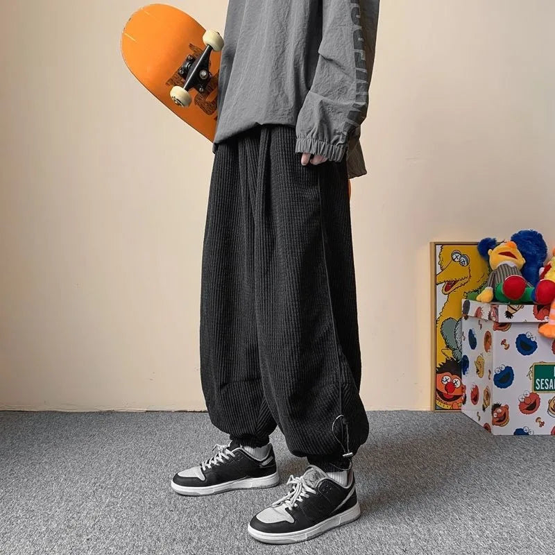 saferido Winter Japanese Retro Wide Leg Pants for Men Corduroy Haren Pants Oversized Casual Jogging Sweatpants Hip-hop Street Male