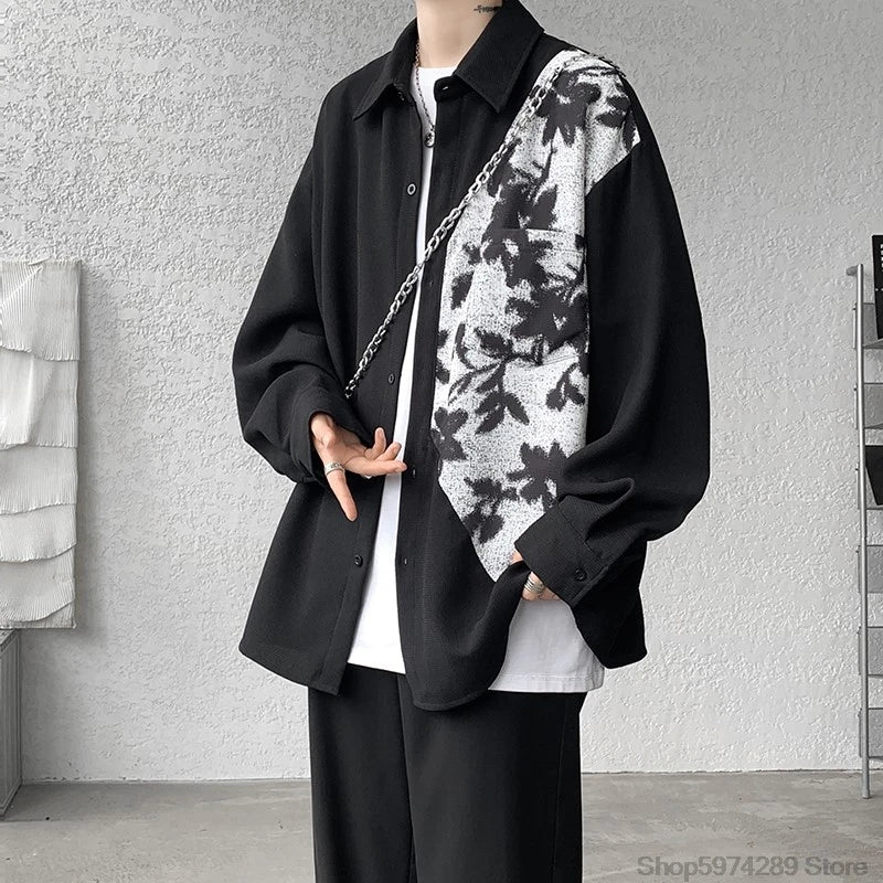 saferido Spring Autumn Long Sleeve Print Shirt Man Black/White High Street Fashion Casual Button Patchwork Harajuku All-match Blouse