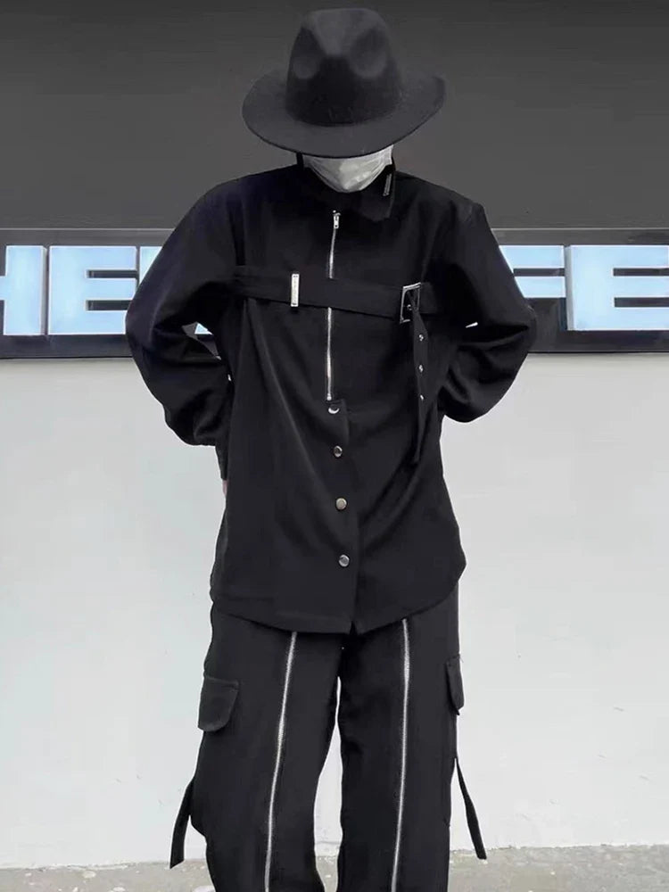 saferido Techwear Shirts Men Darkwear Hip Hop Blouses Punk Black Long Sleeve Button Up Male Zipper Harajuku Japanese Streetwear