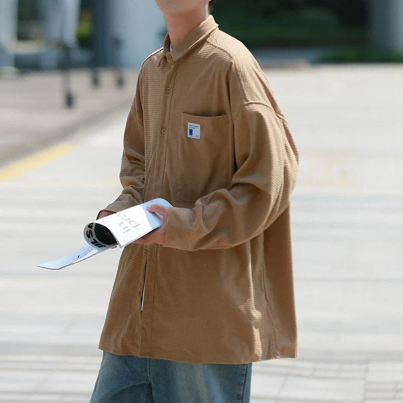 saferido Blue Minimalist Shirts For Men Korean Style Solid Long Sleeve Turn Down Collar Shirt Comfortable Blouses Casual Plus Size