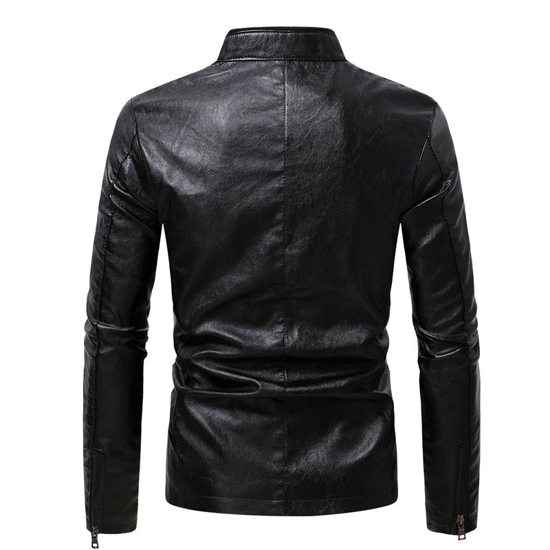 Men's Spring and Autumn New Business Casual Slim Long-sleeved Pu Leather Jacket Jacket Side Seam Pocket Zipper Solid Color